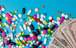 Pills scattered on a table with money